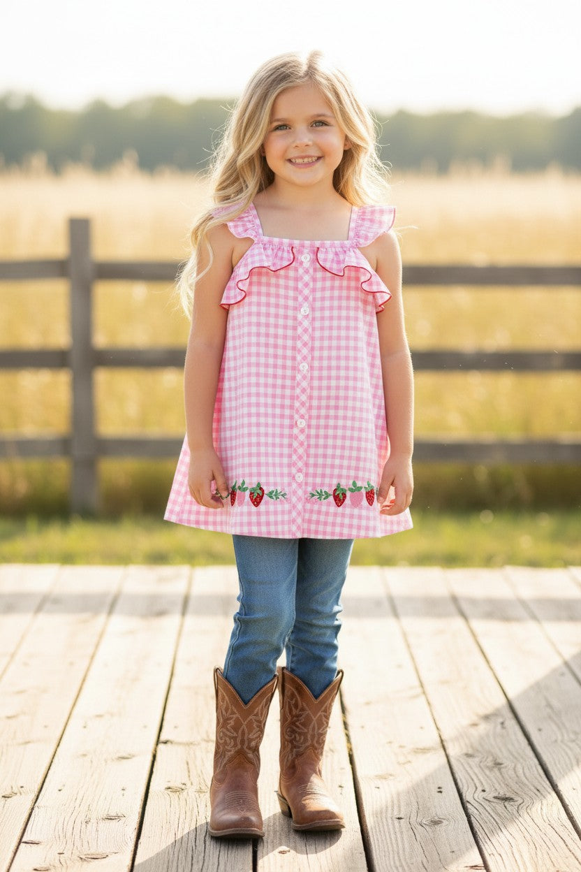 Pink gingham and strawberry embroidered dress. DRG64465 -S-