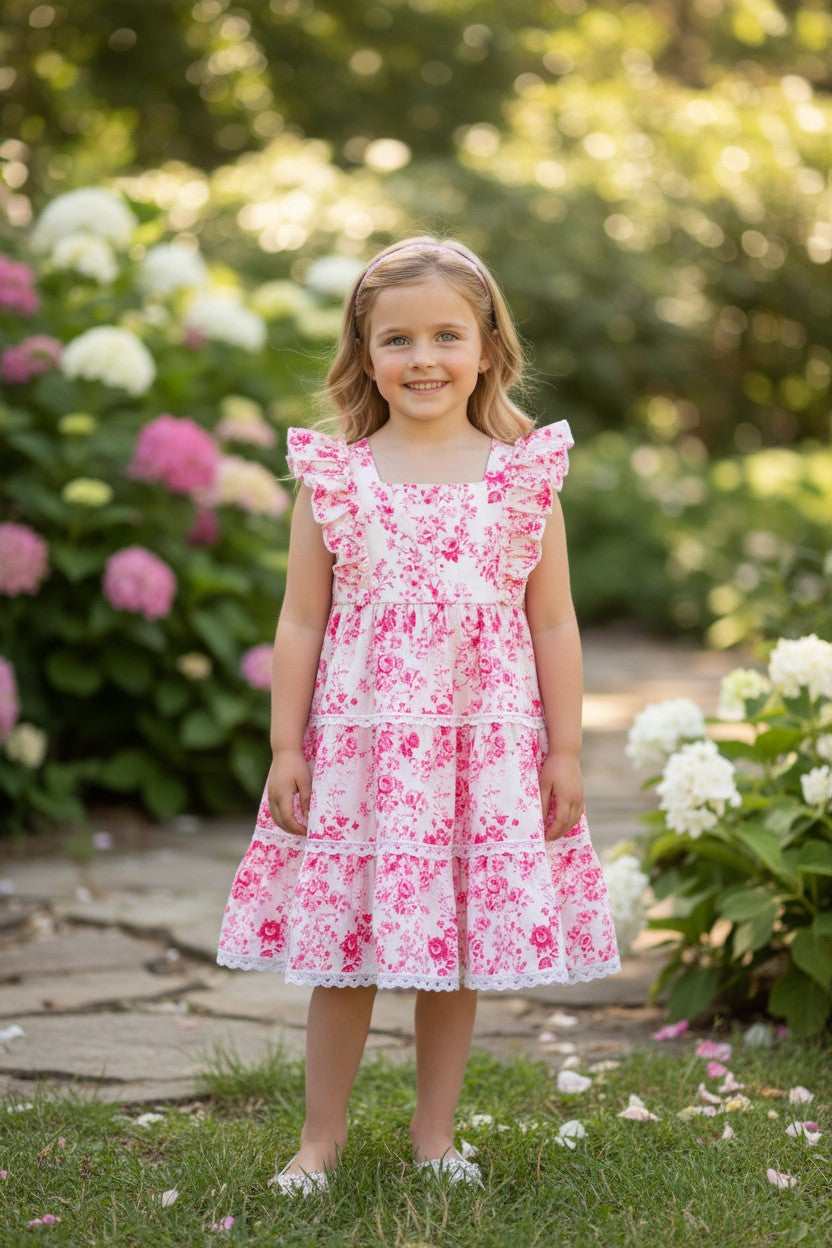 Cute floral Pink contrast tiered dress. DRG64466 -M-