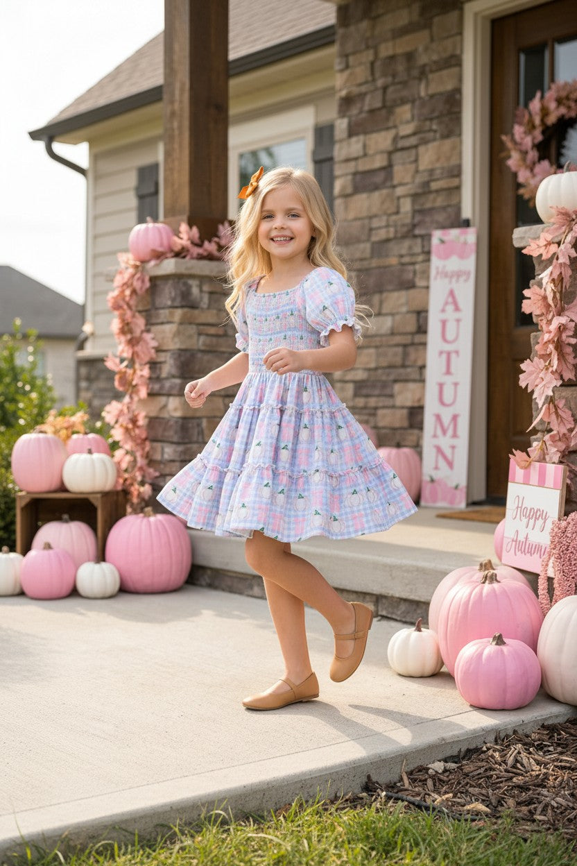 Blue gingham w/ pumpkin printed smocked tiered dress. DRG65299 SOL