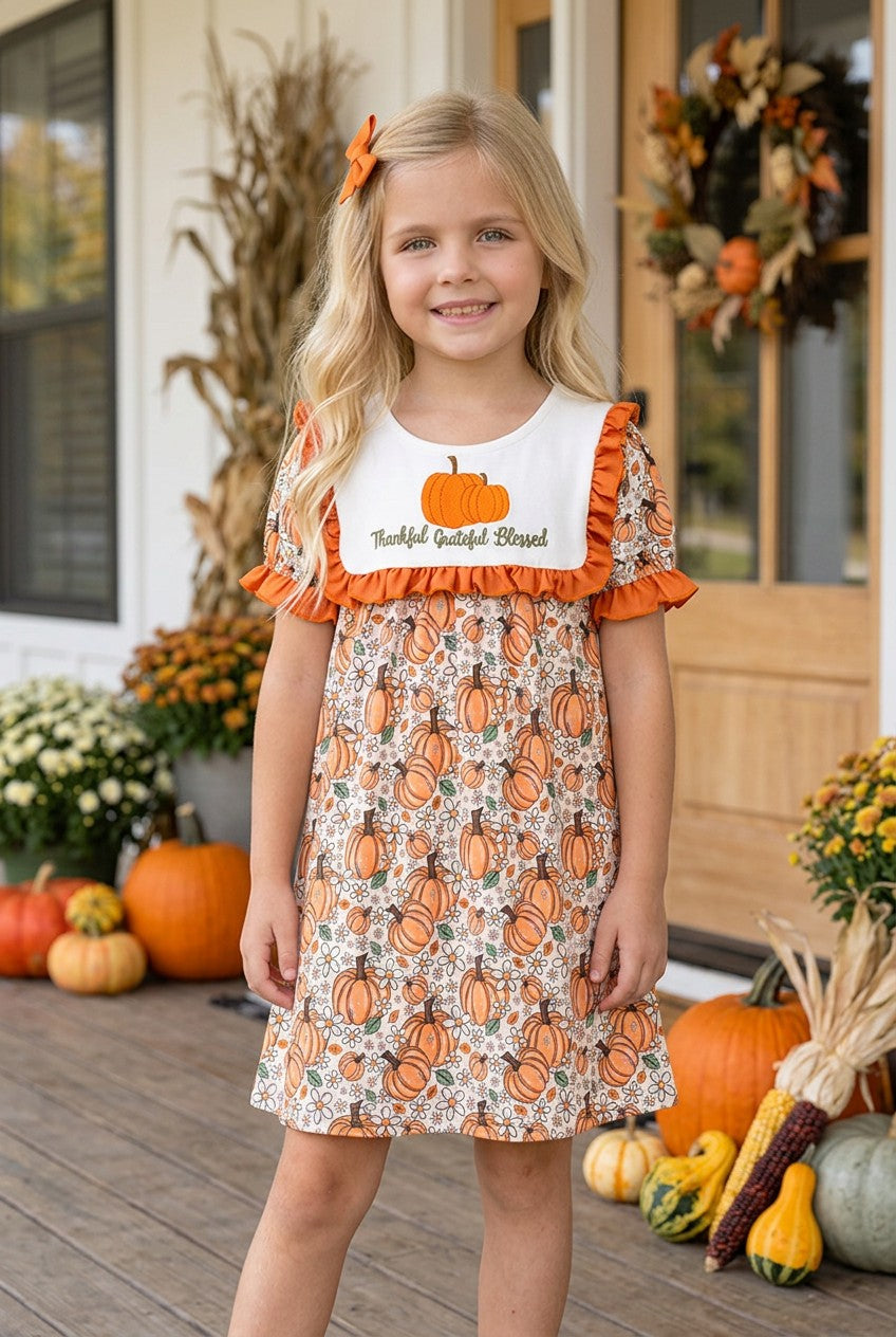 Thankful grateful Blessed" Embroidered dress w/pumpkin print. DRG65300 Mon