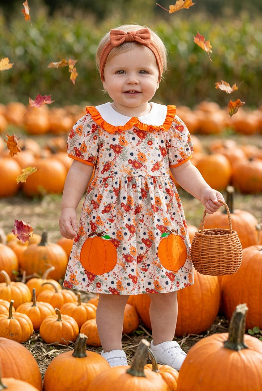 Fall floral printed girls dress w/ pumpkin applique. DRG65303 SOL
