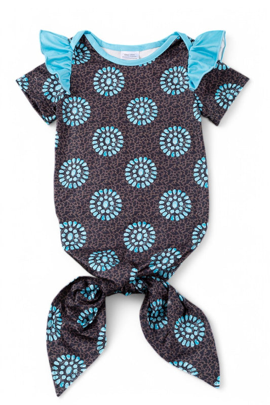 Charcoal concho printed baby gown with angel sleeve.