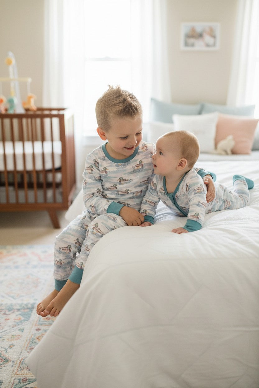 Mallard Duck on white boys pajamas. BLP0425-24-M-