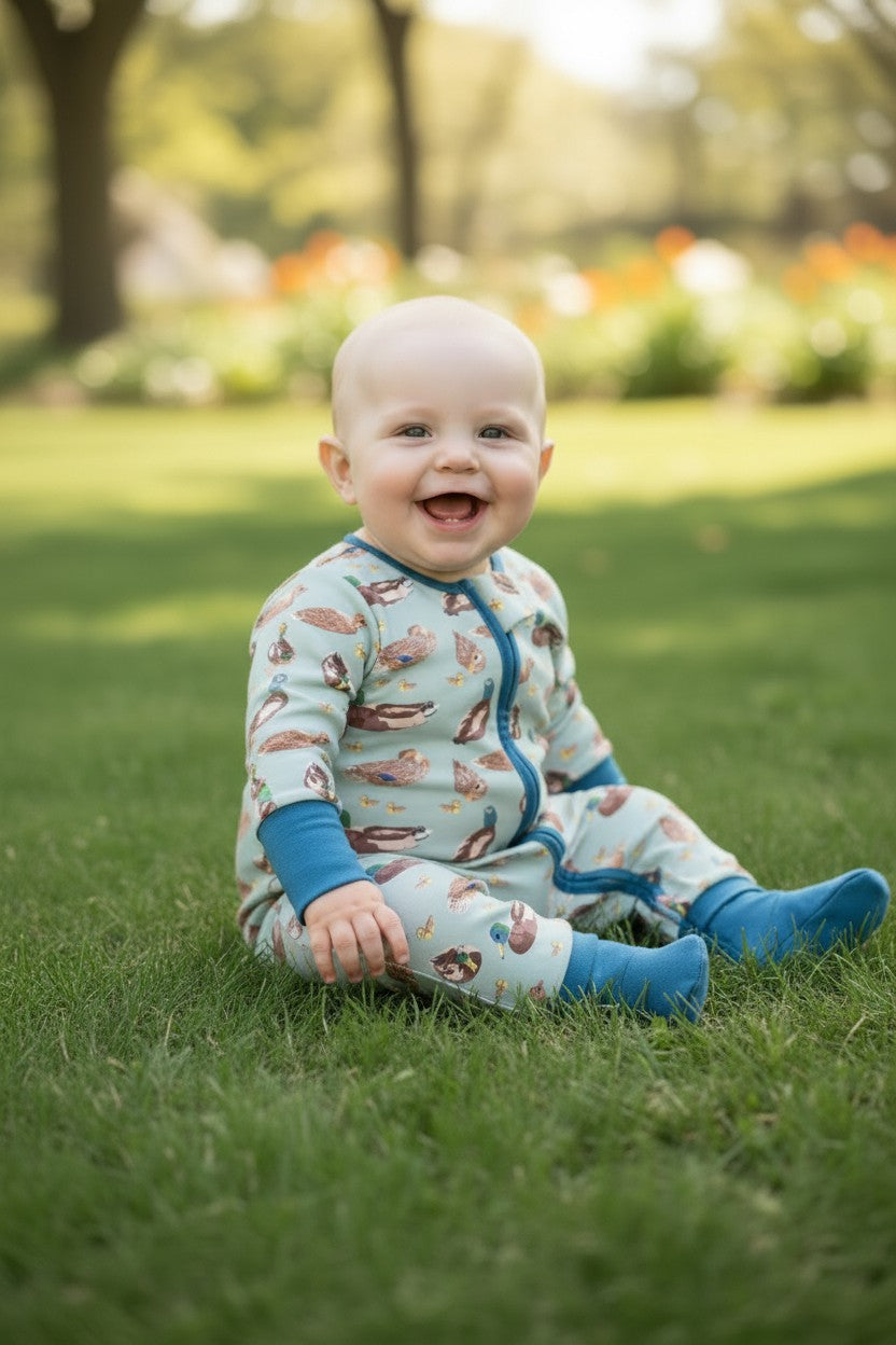Green Mallard Duck printed baby romper w/foldable footie & hands. LR0425-7-S-