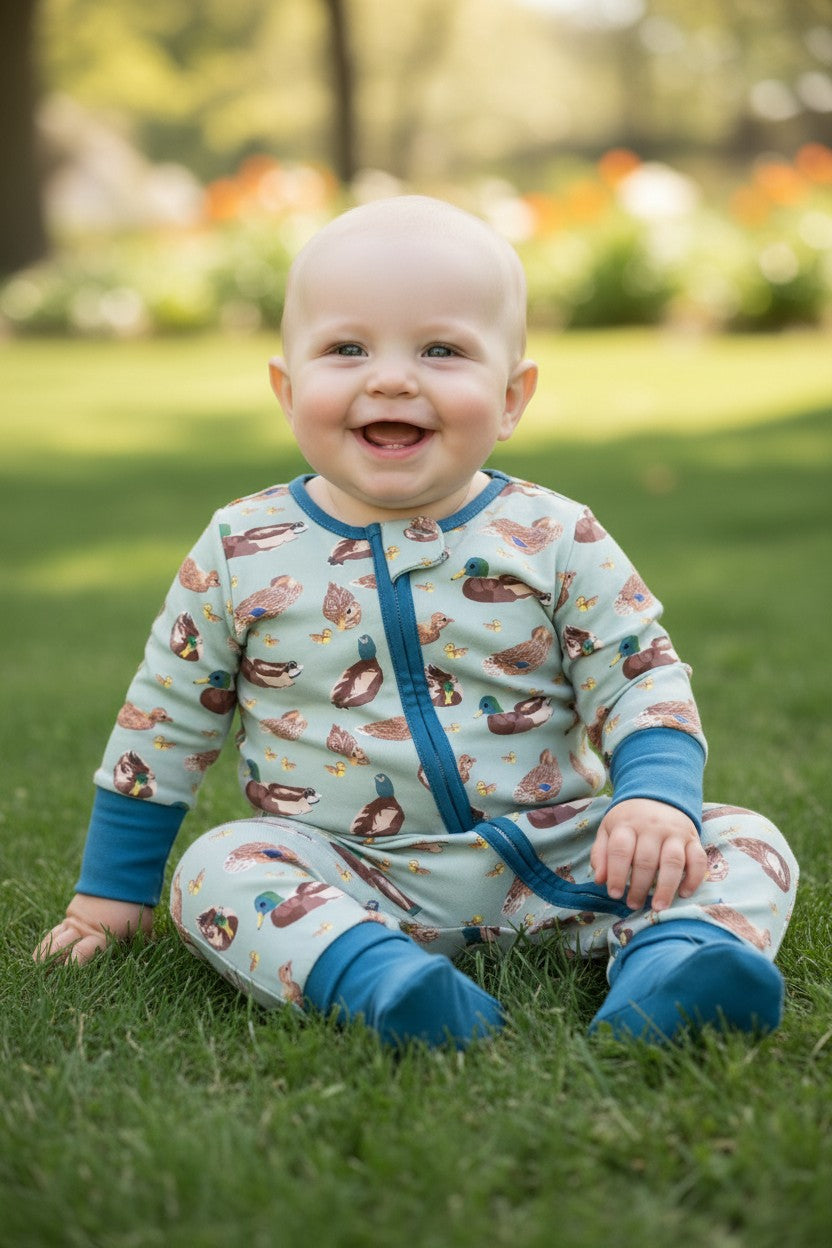 Green Mallard Duck printed baby romper w/foldable footie & hands. LR0425-7-S-