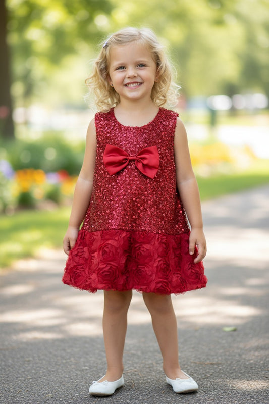 Burgundy sequins dress with rose trim.