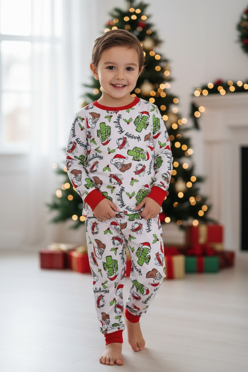 Happy Holidays Western cactus printed pajamas.