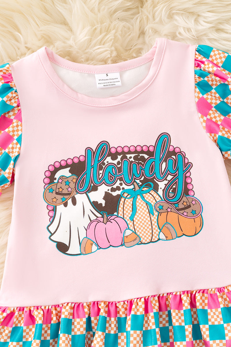 Howdy" Halloween printed on pink checker tunic and teal bell bottoms. OFG61492 -M-