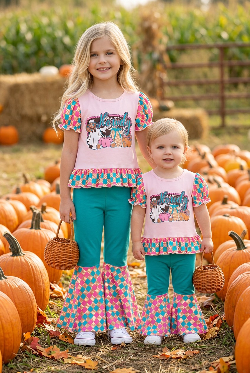 Howdy" Halloween printed on pink checker tunic and teal bell bottoms. OFG61492 -M-