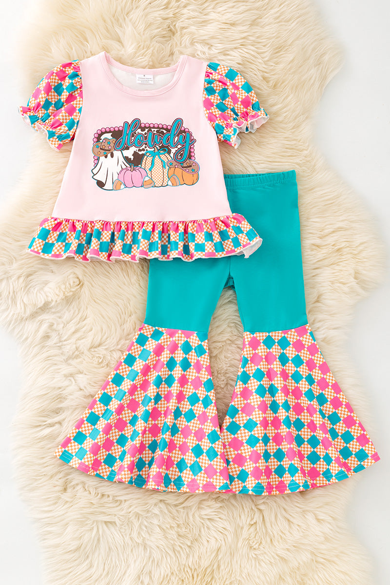 Howdy" Halloween printed on pink checker tunic and teal bell bottoms. OFG61492 -M-
