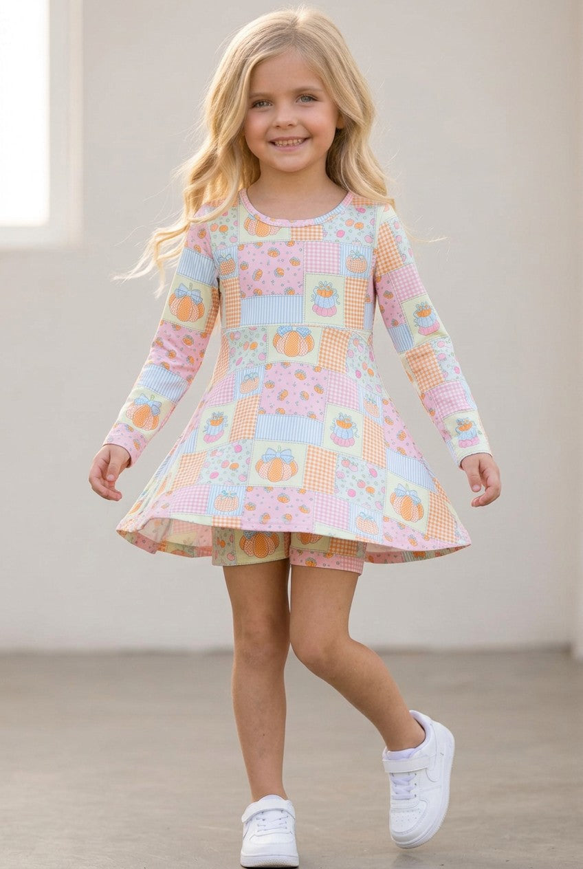 Patchwork  printed Active wear dress with undershorts. GLD0505-14-AMY