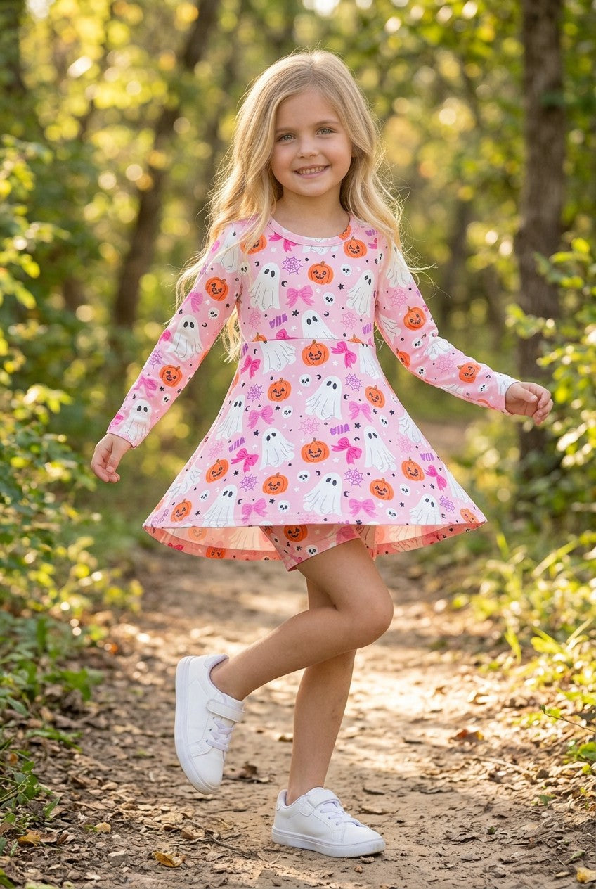 Lt. Pink Halloween printed Active wear dress with undershorts. GLD0505-19-AMY
