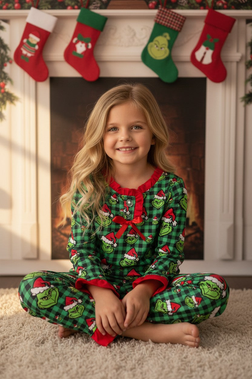 Green gingham Christmas character pajamas.  GLP0423-2-M-
