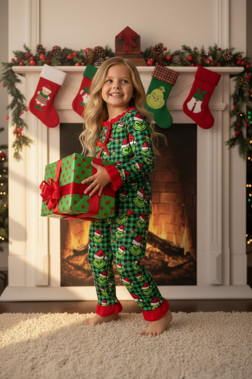 Green gingham Christmas character pajamas.  GLP0423-2-M-