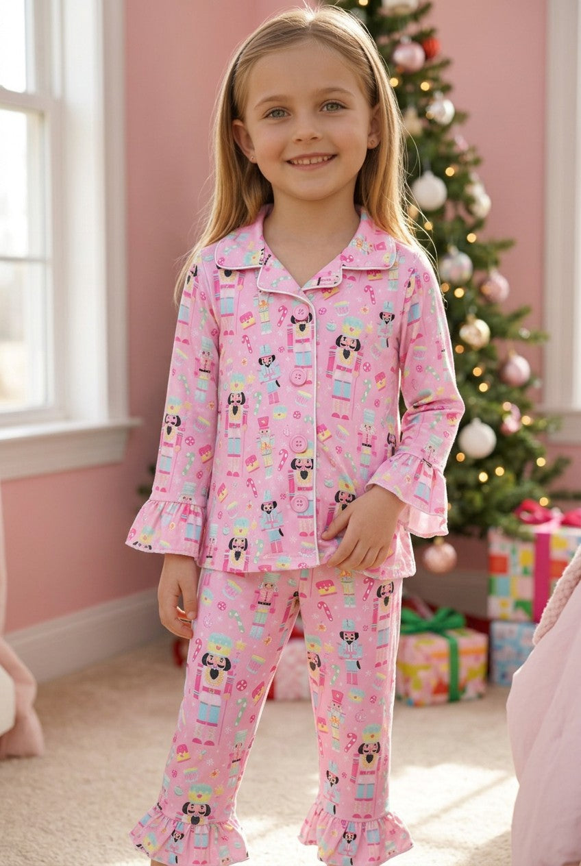 Pink nutcracker button up pajamas. GLP0424-2Mon
