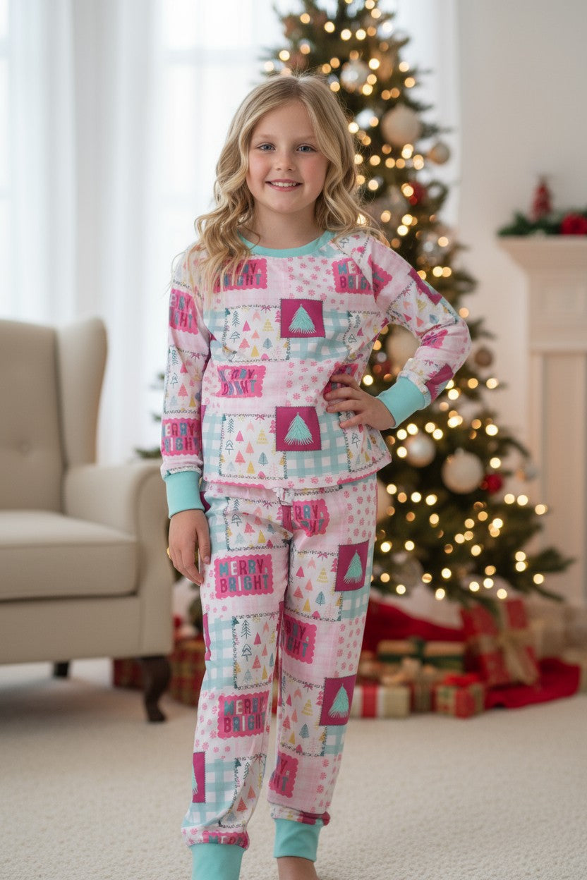 Merry & Bright" Pink and aqua pajamas set.