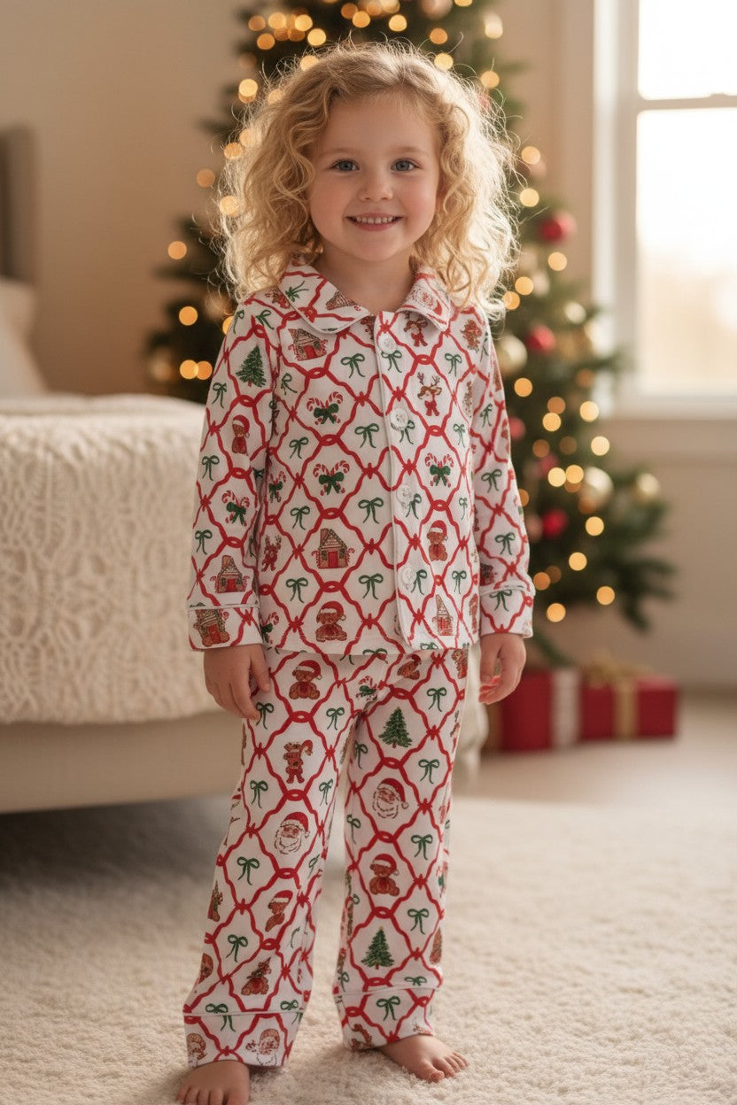 Santa & teddy bear coquette printed pajamas.