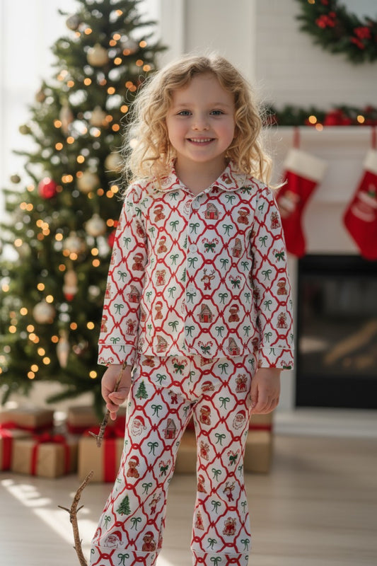 Santa & teddy bear coquette printed pajamas.