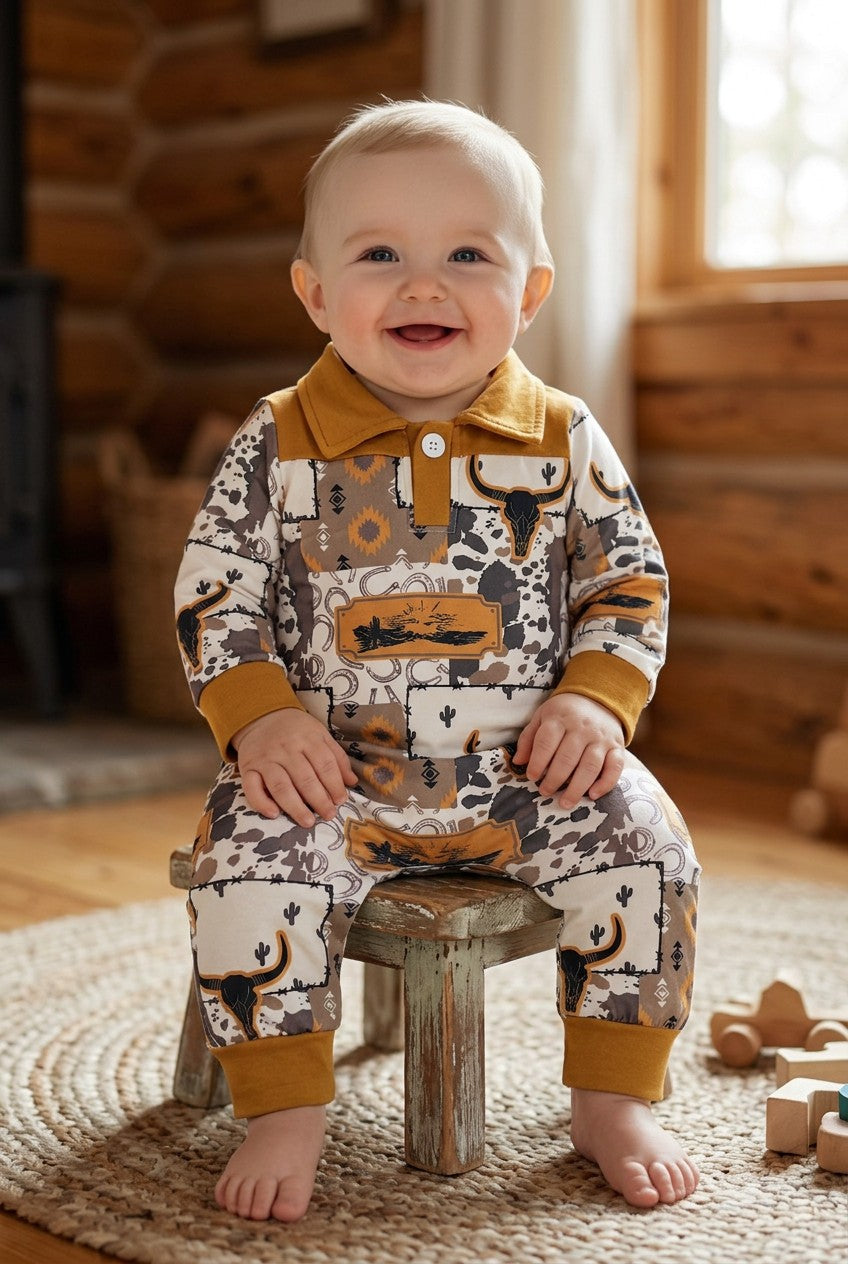 GOLDEN BROWN WESTERN PRINTED ROMPER WITH PATCHES. LR0425-8-A