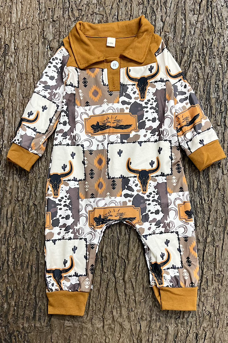 GOLDEN BROWN WESTERN PRINTED ROMPER WITH PATCHES. LR0425-8-A