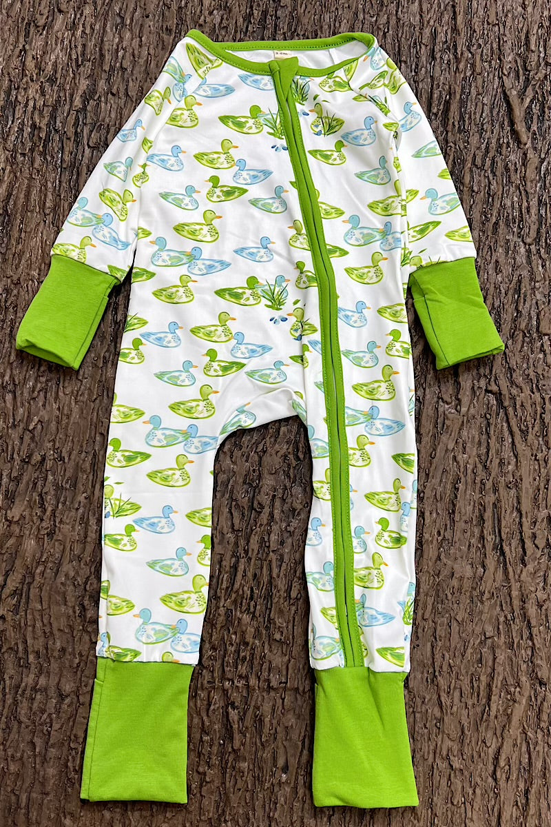 GREEN DUCK PRINTED BABY ROMPER WITH FOLD OVER HANDS & FOOTIES. LR0505-9-A