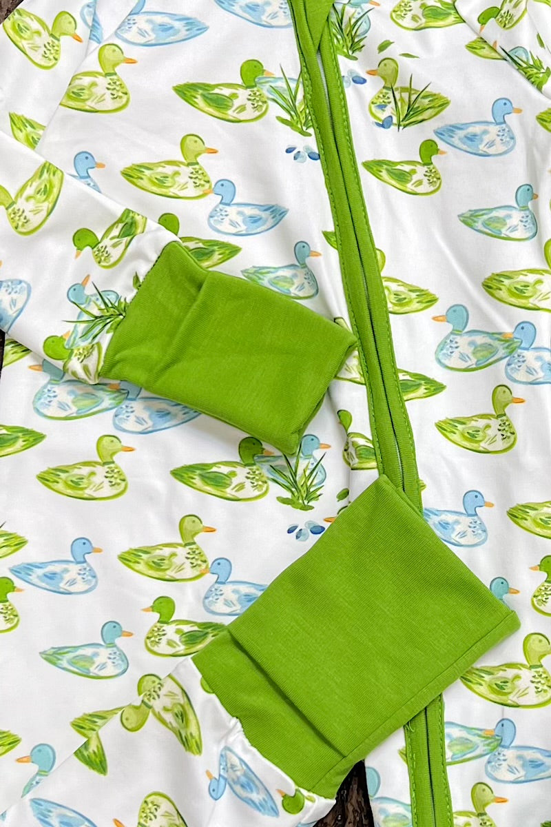 GREEN DUCK PRINTED BABY ROMPER WITH FOLD OVER HANDS & FOOTIES. LR0505-9-A