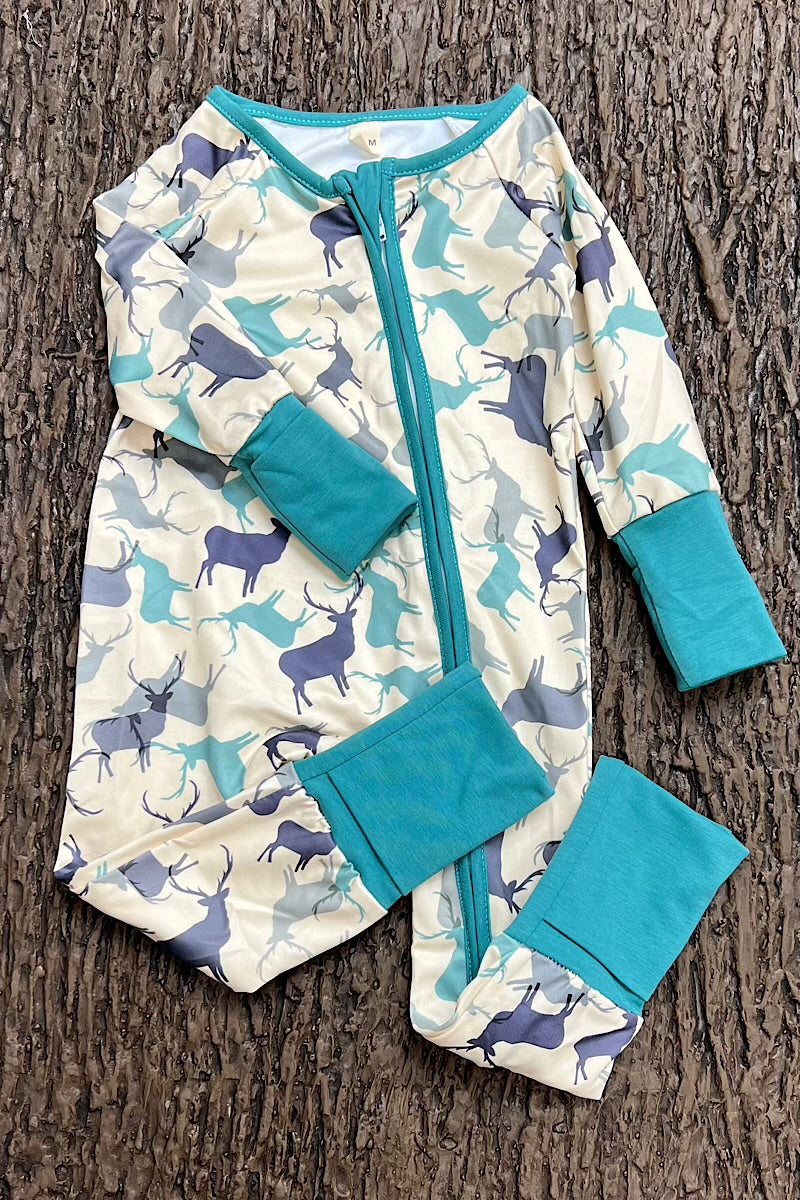ELK PRINTED ON IVORY BABY ROMPER WITH FOLD OVER HANDS AND FOOTIE. LR0505-6-A
