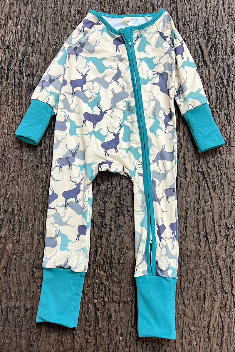 ELK PRINTED ON IVORY BABY ROMPER WITH FOLD OVER HANDS AND FOOTIE. LR0505-6-A
