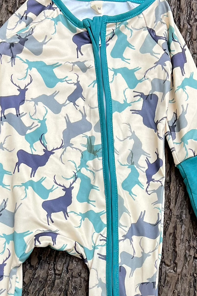 ELK PRINTED ON IVORY BABY ROMPER WITH FOLD OVER HANDS AND FOOTIE. LR0505-6-A