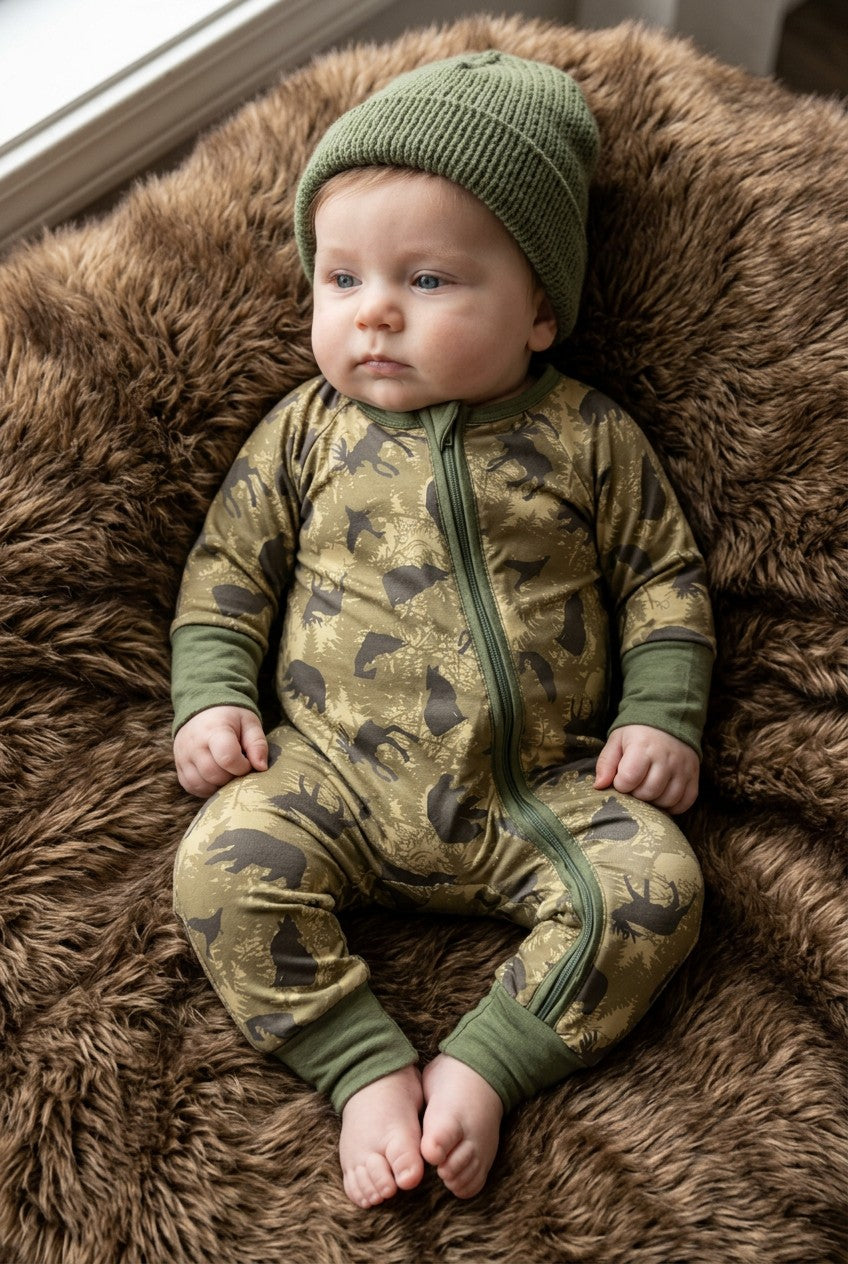 MOSS GREEN W/ WILD ANIMAL PRINTED BABY ROMPER. FOLD OVER HANDS & FOOTIE. LR0505-7-A