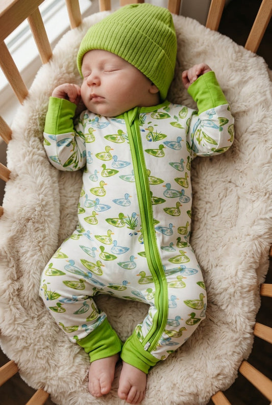 GREEN DUCK PRINTED BABY ROMPER WITH FOLD OVER HANDS & FOOTIES. LR0505-9-A