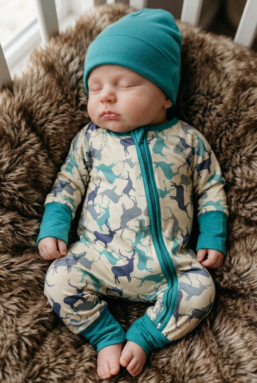 ELK PRINTED ON IVORY BABY ROMPER WITH FOLD OVER HANDS AND FOOTIE. LR0505-6-A