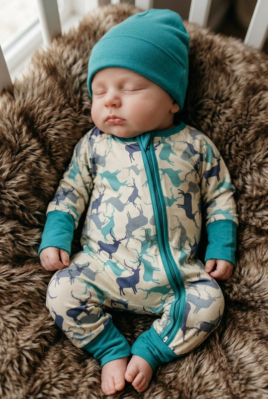 ELK PRINTED ON IVORY BABY ROMPER WITH FOLD OVER HANDS AND FOOTIE. LR0505-6-A