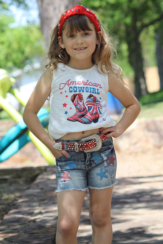 "American Cowgirl" white tank top & distressed denim shorts. OFG50583