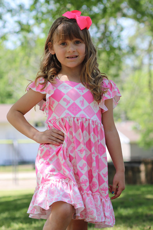 Cowgirl diamond print dress with ruffle hem and angel sleeves. DRG51210