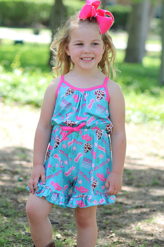 Howdy turquoise romper with fuchsia trim and ruffle hem. PNG50208