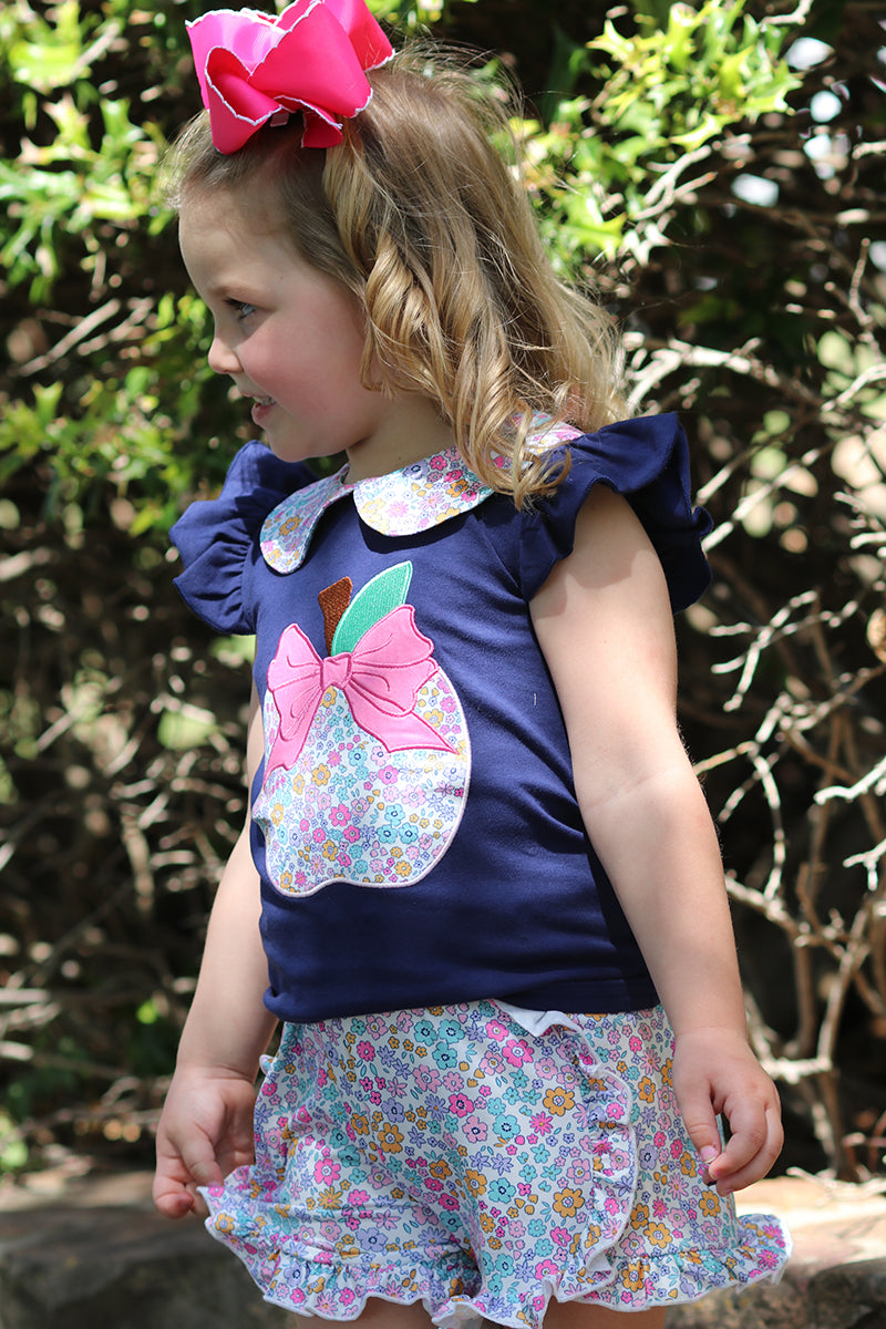 Floral apple applique top & floral ruffle shorts. OFG50718