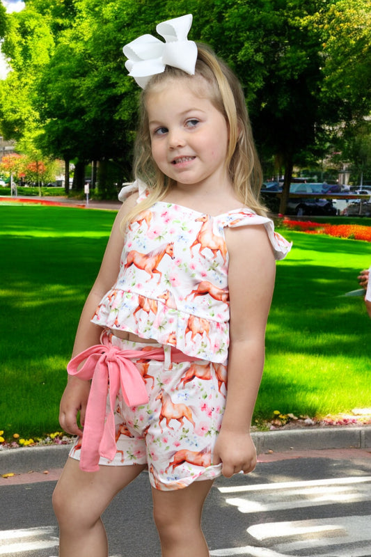 (Western) Horse printed girls short set w/open back.
