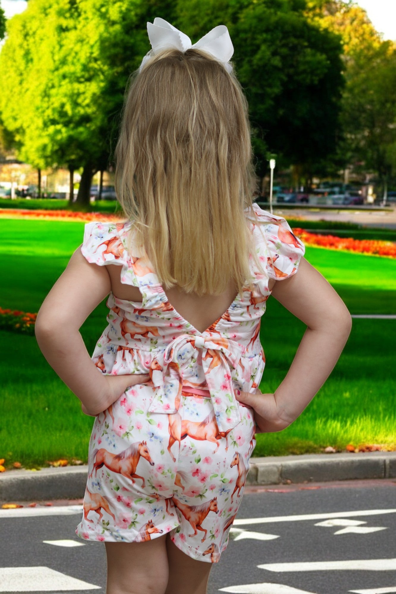 (Western) Horse printed girls short set w/open back.