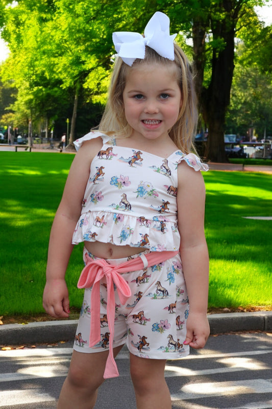 (Western) Horse printed girls short set w/open back.
