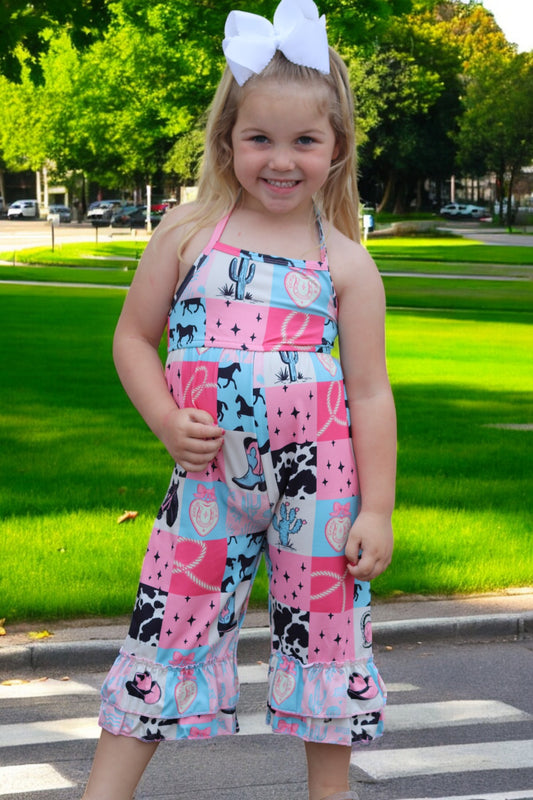 Western Ruffle halter jumpsuit/multi printed patch.