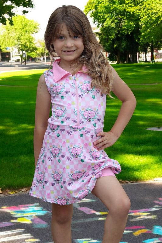 Pickleball girls tennis dress with under shorts.