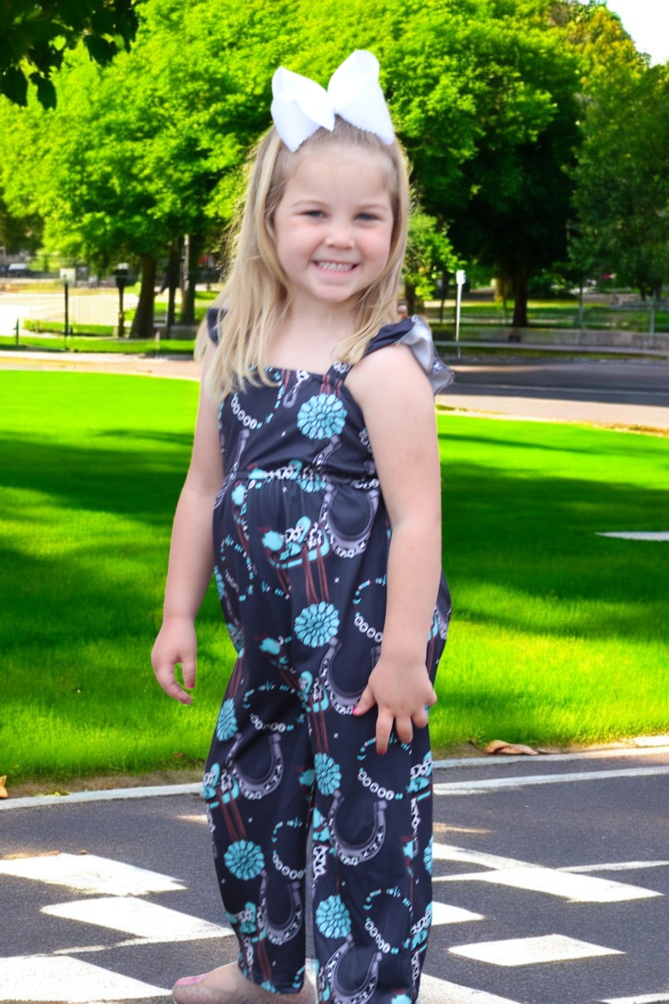 (Western) Dark Charcoal concho printed girls jumpsuit. SR030805