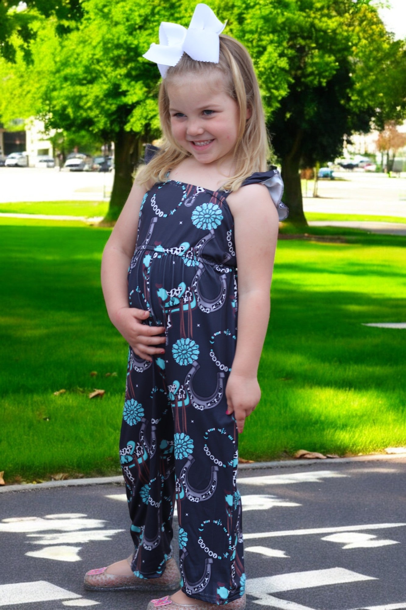 (Western) Dark Charcoal concho printed girls jumpsuit. SR030805