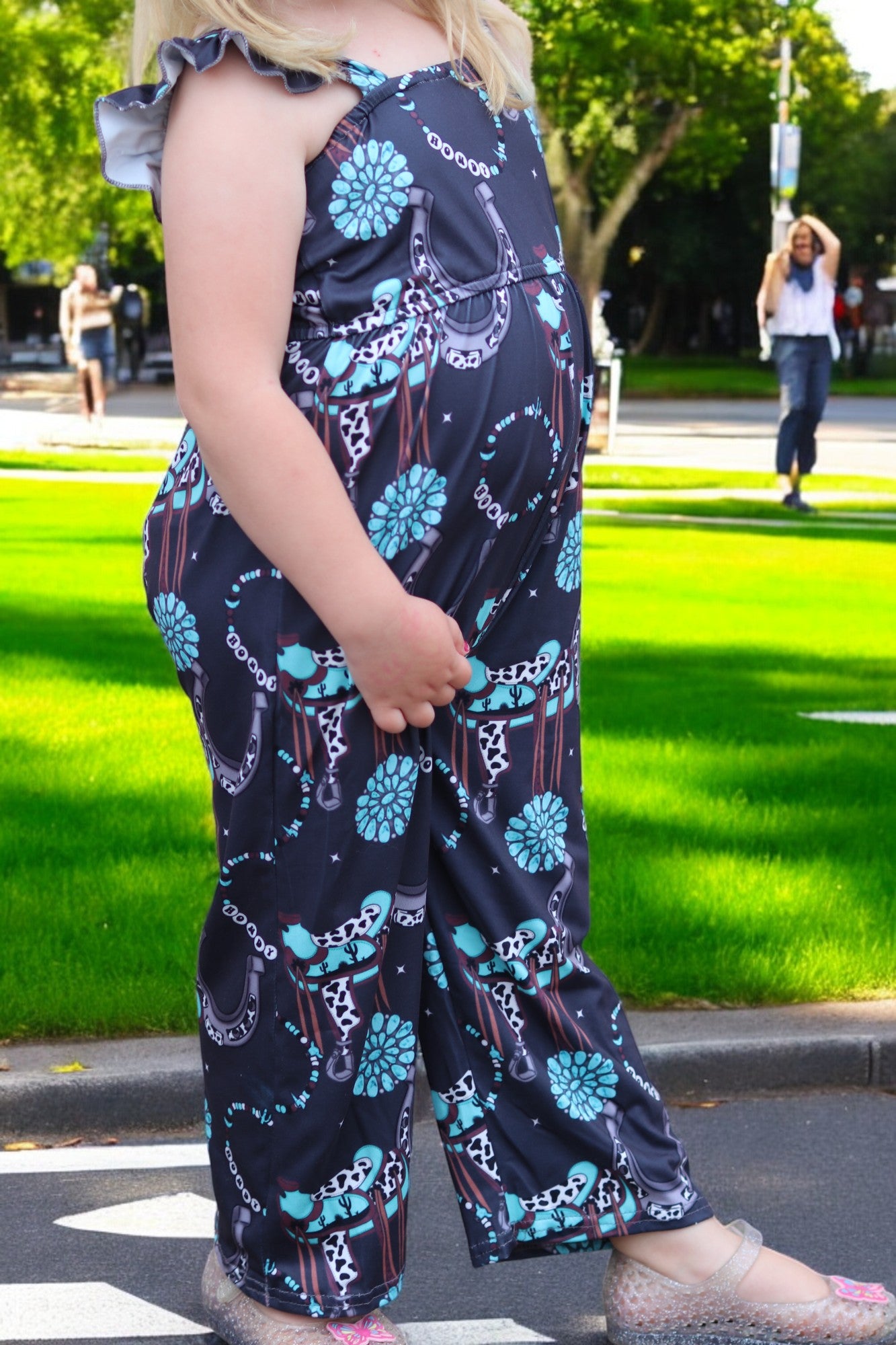(Western) Dark Charcoal concho printed girls jumpsuit. SR030805