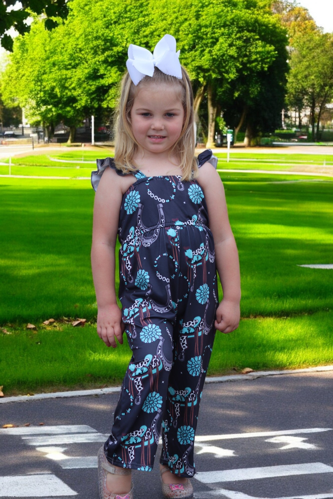 (Western) Dark Charcoal concho printed girls jumpsuit. SR030805