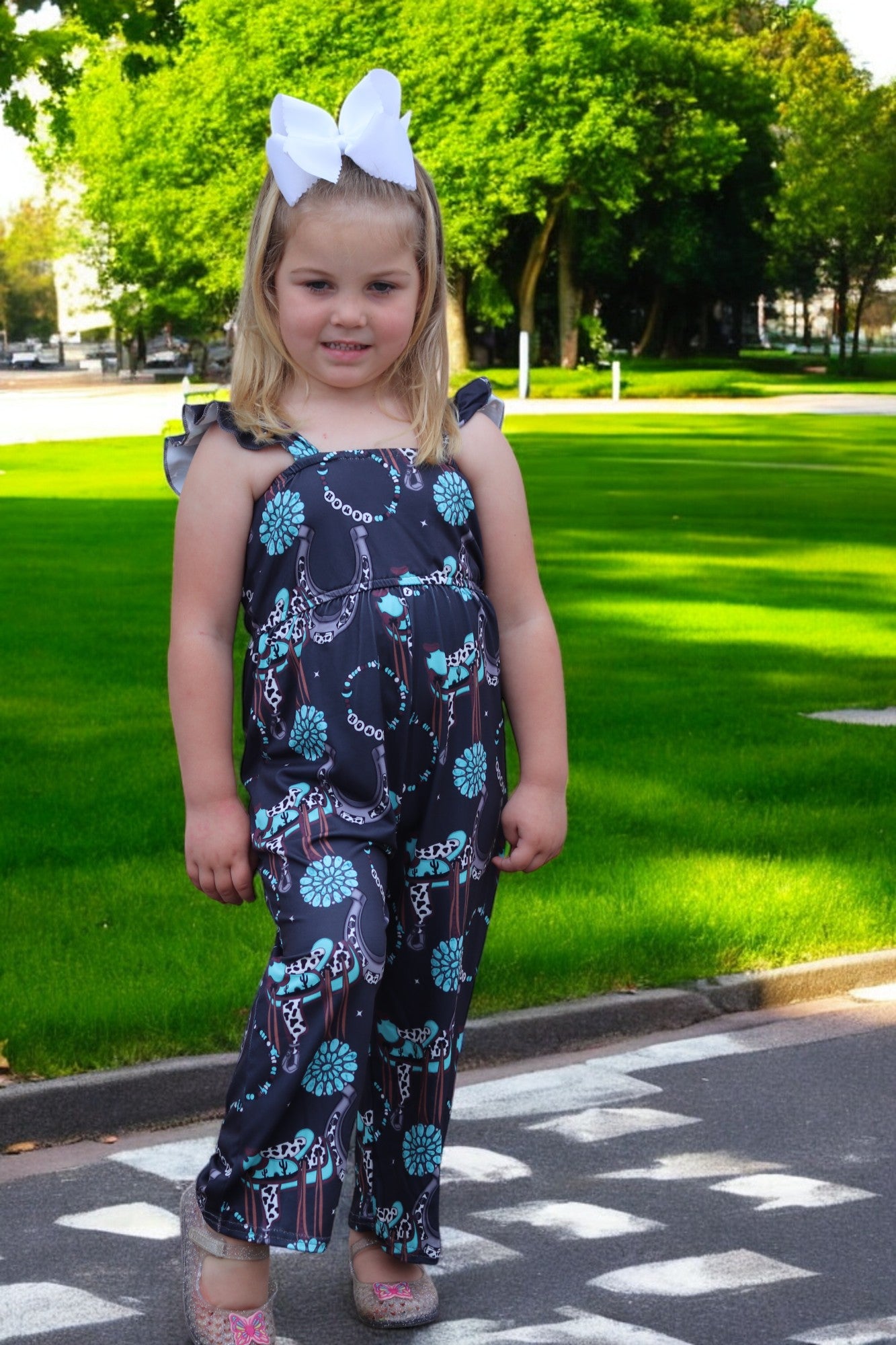 (Western) Dark Charcoal concho printed girls jumpsuit. SR030805