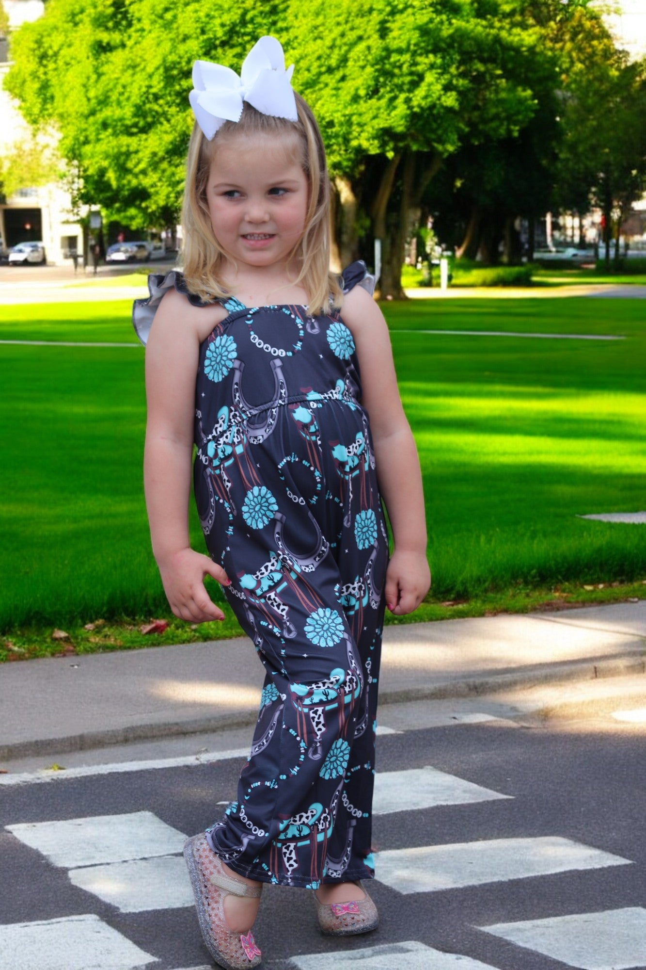(Western) Dark Charcoal concho printed girls jumpsuit. SR030805