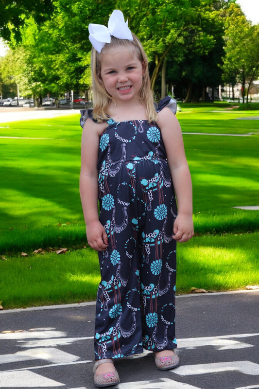 (Western) Dark Charcoal concho printed girls jumpsuit. SR030805