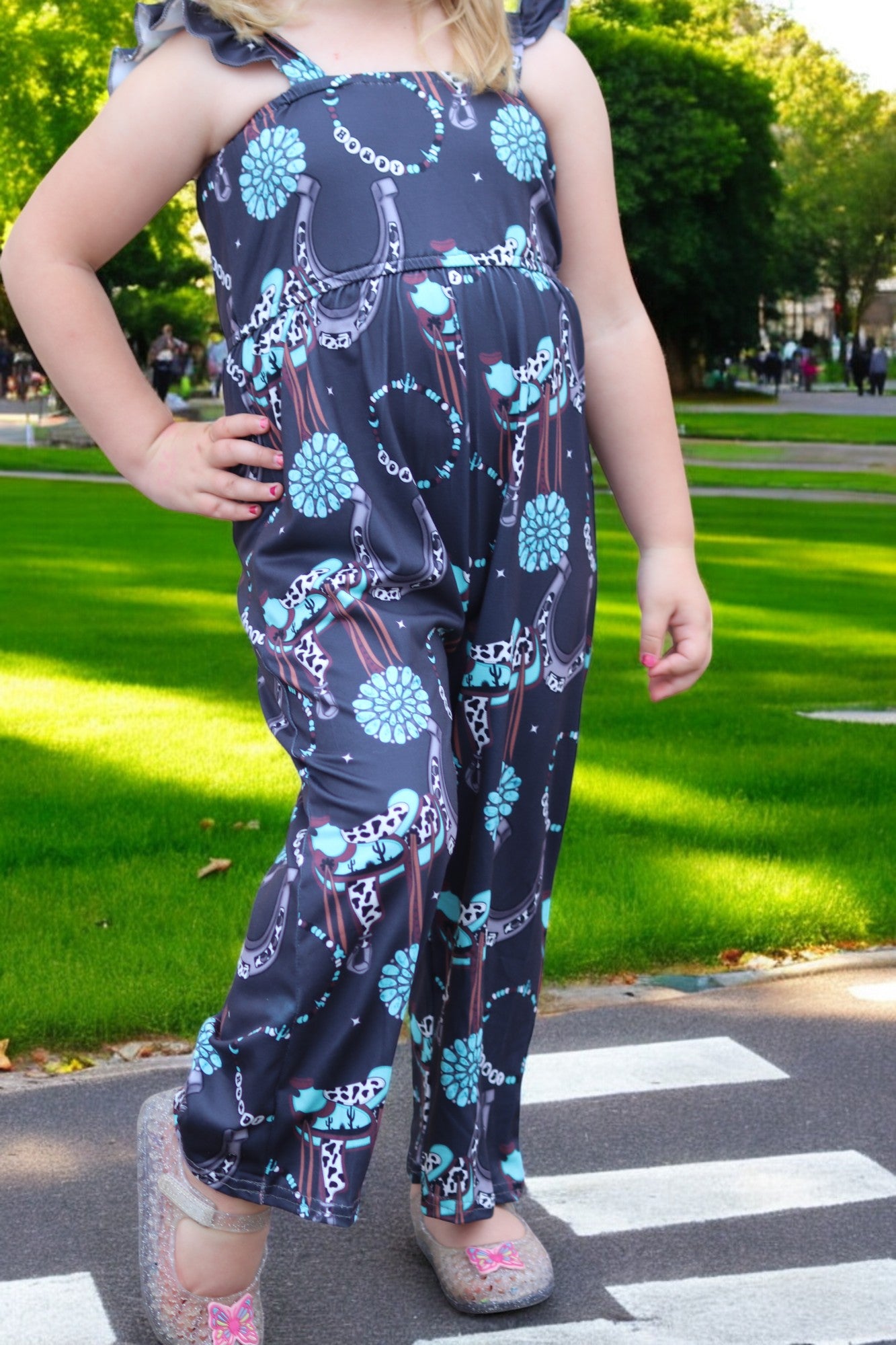 (Western) Dark Charcoal concho printed girls jumpsuit. SR030805